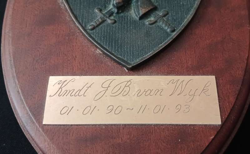 WESTERN PROVINCE COMMAND PLAQUE Kmdt. JB van Wyk    01-01-90 -- 11-01-93