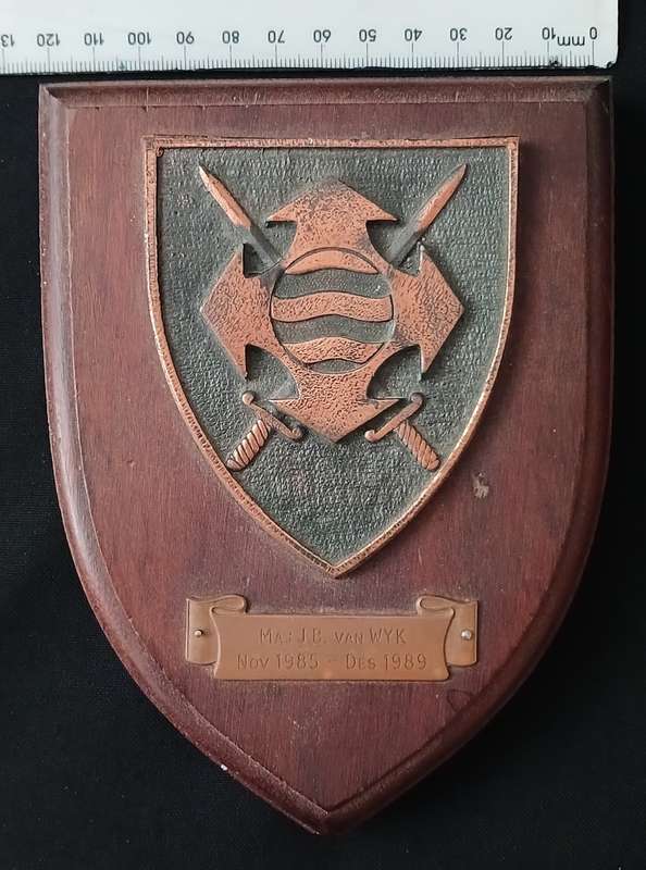 SA QUARTERMASTER GENERAL HQ PLAQUE   MAJ. JB van WYK Nov. 1985 - Des. 1989