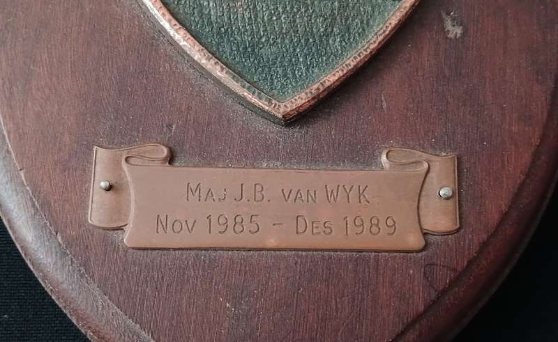 SA QUARTERMASTER GENERAL HQ PLAQUE   MAJ. JB van WYK Nov. 1985 - Des. 1989