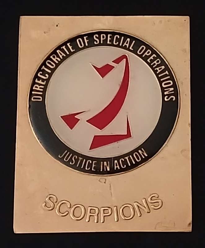 SCORPIONS PLAQUE BADGE SA. DIRECTORATE OF SPECIAL OPERATIONS ESTABLISHED 1999    K29