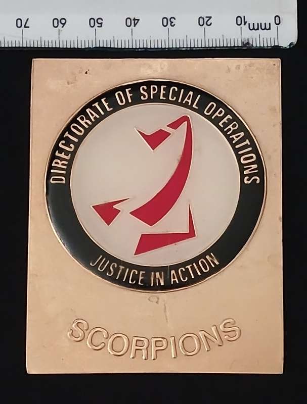SCORPIONS PLAQUE BADGE SA. DIRECTORATE OF SPECIAL OPERATIONS ESTABLISHED 1999    K29