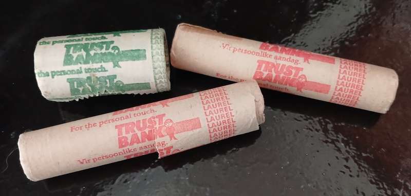SA Trust Bank Full Unopened Rolls Of 2 x 10c Coins And 1 x 50c Coins    """ WoW """
