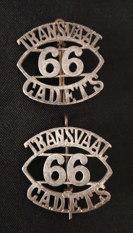 66TH COMPANY TRANSVAAL CADETS  SHOULDER TITLE PAIR (  WHITE METAL )  " SCARCE "     R145