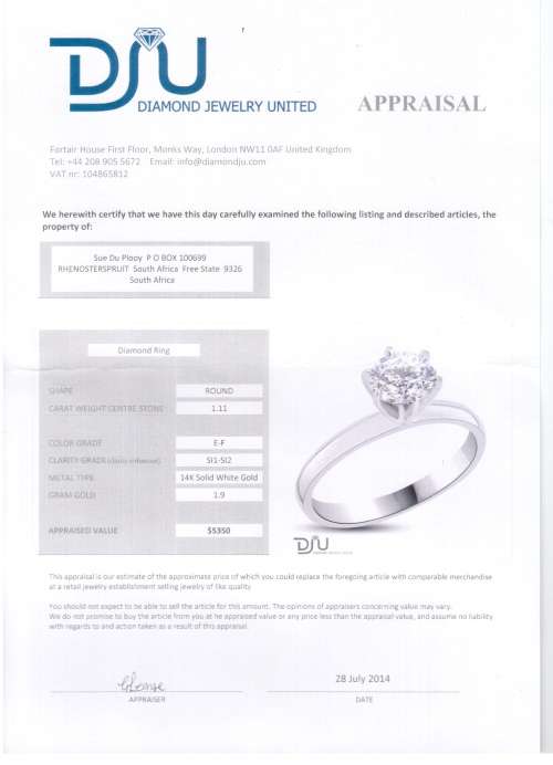 1.11ct E/SI1 ROUND DIAMOND SOLITAIRE ENGAGEMENT RING 14K WHITE GOLD