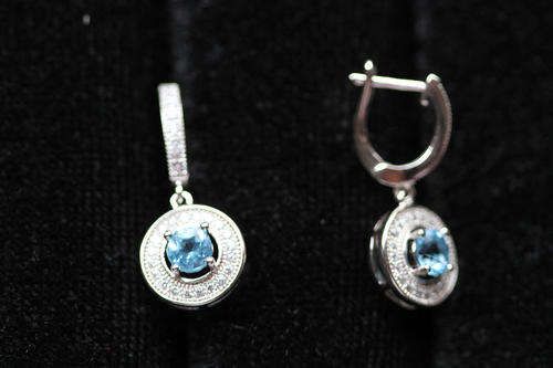 DELUXE NATURAL GEM TOP SWISS BLUE TOPAZ WHITE CUBIC ZIRCONIA 925 STERLING SILVER EAARINGS