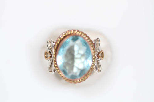 12 CT VICTORIAN STYLE AQUAMARINE 3 TONE 925 SOLID STERLING SILVER RIN SIZE 7