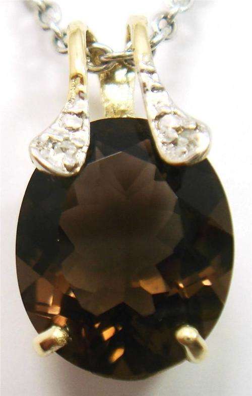 SOLID GOLD PENDANT 10KT YELLOW GOLD OVAL SMOKY TOPAZ DIAMOND PENDANT