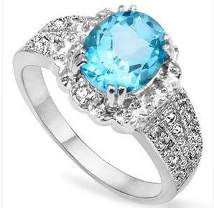 2.11 CT BLUE TOPAZ & 2 PCS WHITE DIAMOND PLATINUM OVER 0.925 STERLING SILVER RING SPECIAL R1 START!!