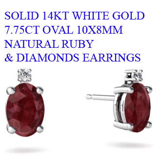 SOLID 14KT WHITE GOLD 7.72CT RUBY & DIAMOND STUD EARRINGS