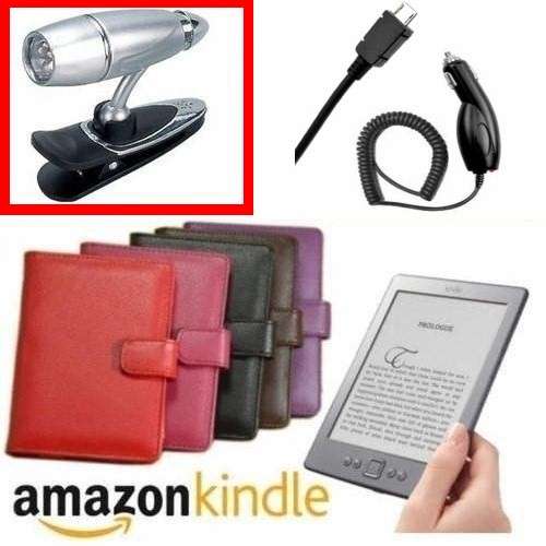 Magnetic Book Type Cover Pouch for Amazon Kindle 4 + LED Reading Lamp + Car Charger