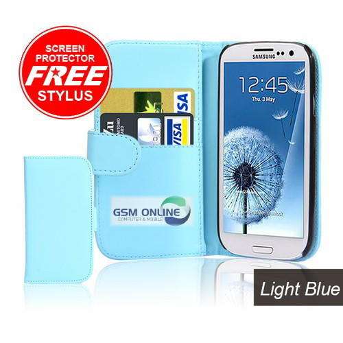 PU Leather Wallet Flip Case for Samsung Galaxy S3 i9300 (Light Blue) + Screen Protector + Stylus