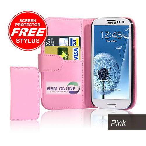 PU Leather Wallet Flip Case for Samsung Galaxy S3 i9300 (Light Pink) + Screen Protector + Stylus