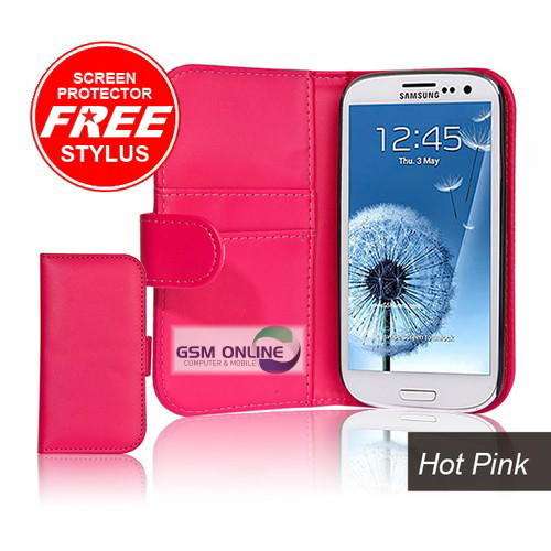 PU Leather Wallet Flip Case for Samsung Galaxy S3 i9300 (Pink) + Screen Protector + Stylus