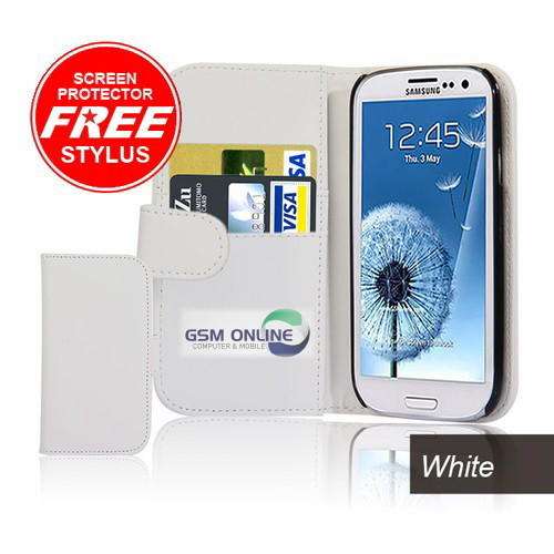 PU Leather Wallet Flip Case for Samsung Galaxy S3 i9300 (White) + Screen Protector + Stylus