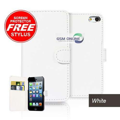 Apple iPhone 5 Wallet Flip Case (White) + Screen Protector + Stylus