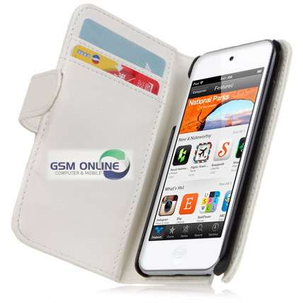 Wallet Flip Case for Apple iPod Touch 5 + Screen Protector + Silver Stylus (White)