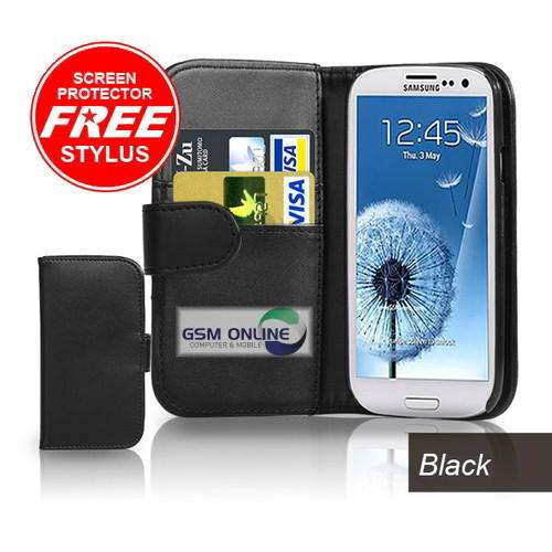 PU Leather Wallet Flip Case for Samsung Galaxy S3 i9300 (Black) + Screen Protector + Stylus