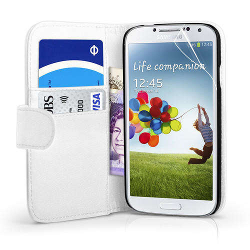 Wallet Flip Case for Samsung Galaxy S4 i9500 (White) + Screen Protector