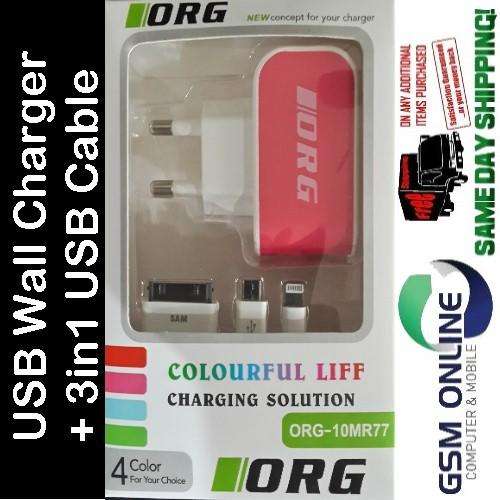 ORG USB Wall Charger + 3 in 1 USB Cable for Galaxy Tab, S4, iPhone 5 - Cheap Shipping