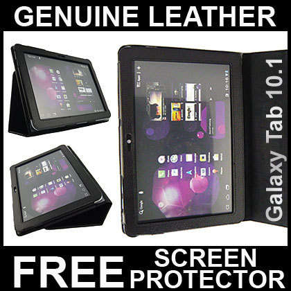 Black Genuine Leather Case Cover for Samsung Galaxy Tab 10.1 P7500 P7510 - Free Screen Protector
