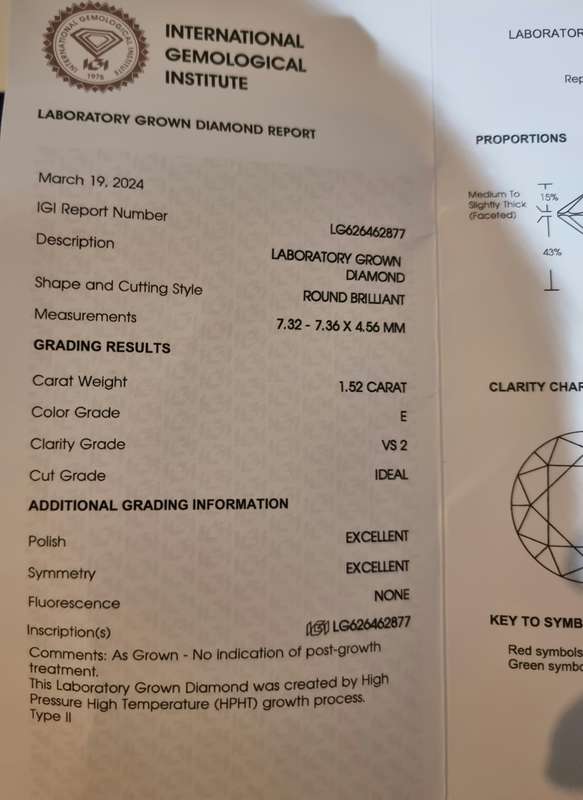 1.52ct Brilliant Round LG Diamond Certified Colour E VS2 Clarity