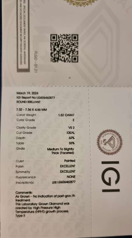 1.52ct Brilliant Round LG Diamond Certified Colour E VS2 Clarity
