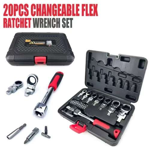 20PCS Elbow Ratchet Wrench Set, Metric Rotary Combination Wrench, with Interchangeable Reducer