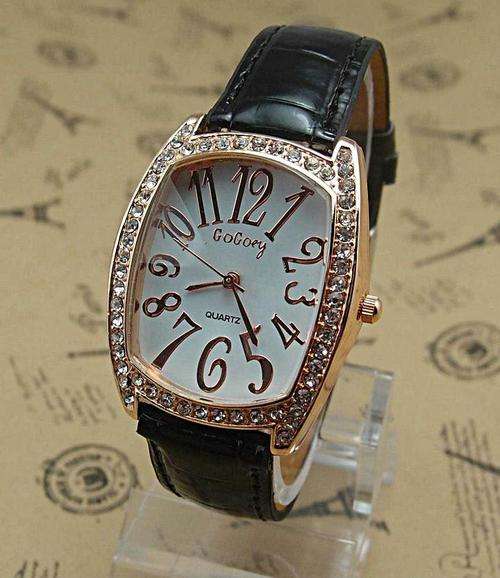Lady's Crystal black Leather Watch