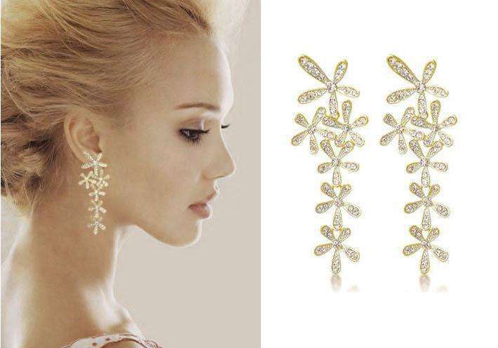 Gold Flower Design Rhinestone Earrings - Ultra Long Earrings