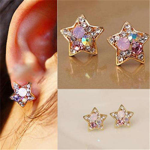 Sweet Star Shaped Stud Earring with Colorful Simulated Diamond for Lady / Women
