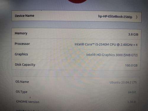 HP Elitebook 2560p Intel Core i5**4GB ram**OS Ubuntu**OS running from usb**160GB HDD**No DVD rom**