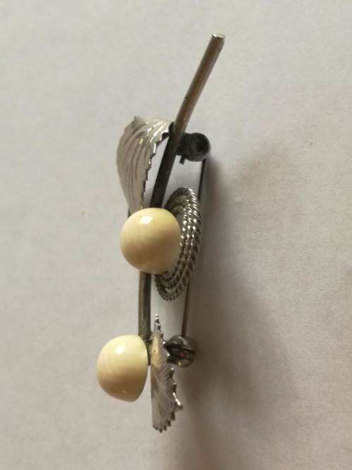 Vintage silver tone leaf with beige flower buds