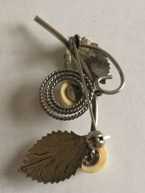 Vintage silver tone leaf with beige flower buds