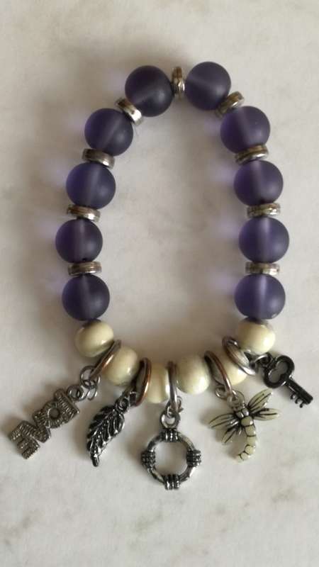 Purple and Beige Charm Bracelet -  Elastic Stretch