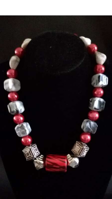 Red, white, grey bead necklace