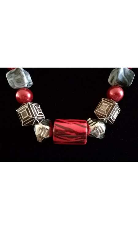 Red, white, grey bead necklace