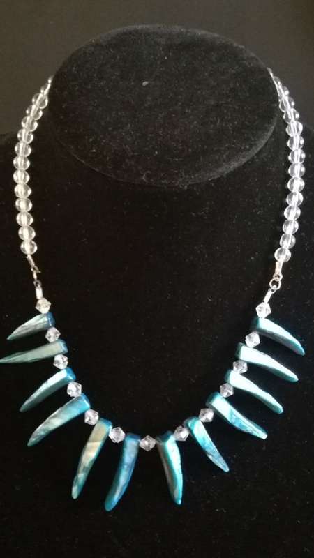 Blue shell and translucent white bead necklace