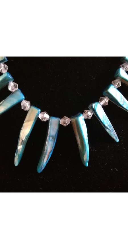 Blue shell and translucent white bead necklace