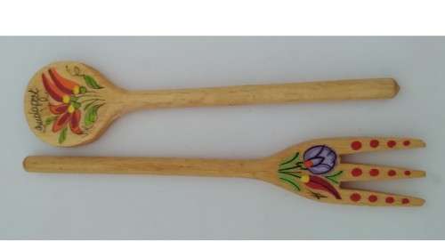 Vintage decorative Budapest hand painted wooden salad server