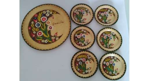 1950`s 7 Piece - Opatija Large Wooden Hand Painted Plate with 6 small Hand Painted `coasters`