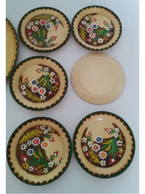 1950`s 7 Piece - Opatija Large Wooden Hand Painted Plate with 6 small Hand Painted `coasters`