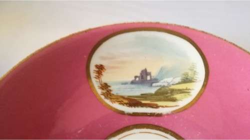 Set of 5 - pink Saucers with 3 seascapes and stone ruins -  #1449