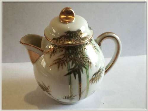 Set of 2 pieces - Japanese palm themed gilt sugar pot + tea pot
