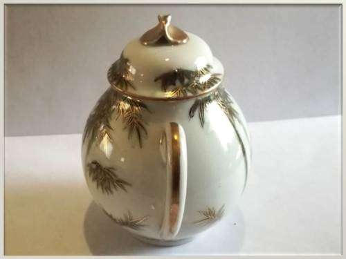 Set of 2 pieces - Japanese palm themed gilt sugar pot + tea pot