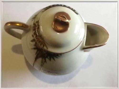 Set of 2 pieces - Japanese palm themed gilt sugar pot + tea pot