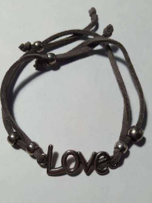 Adjustable leather pewter bracelet  -  Love