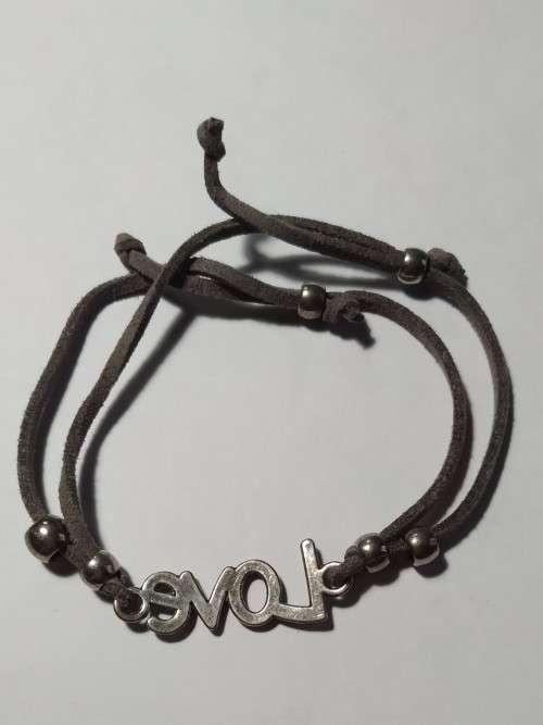 Adjustable leather pewter bracelet  -  Love