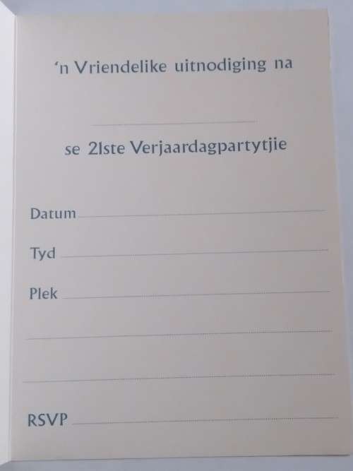21ste uitnodiging + koevert  15.5cm x 10.5cm