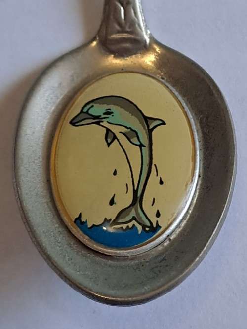 Vintage souvenir spoon - Blank plaque/dolphin picture