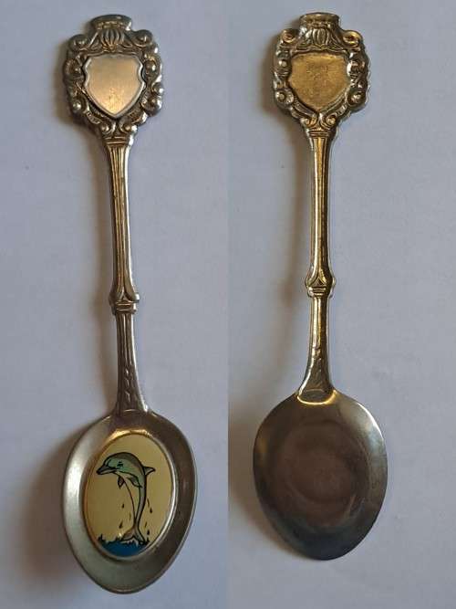 Vintage souvenir spoon - Blank plaque/dolphin picture